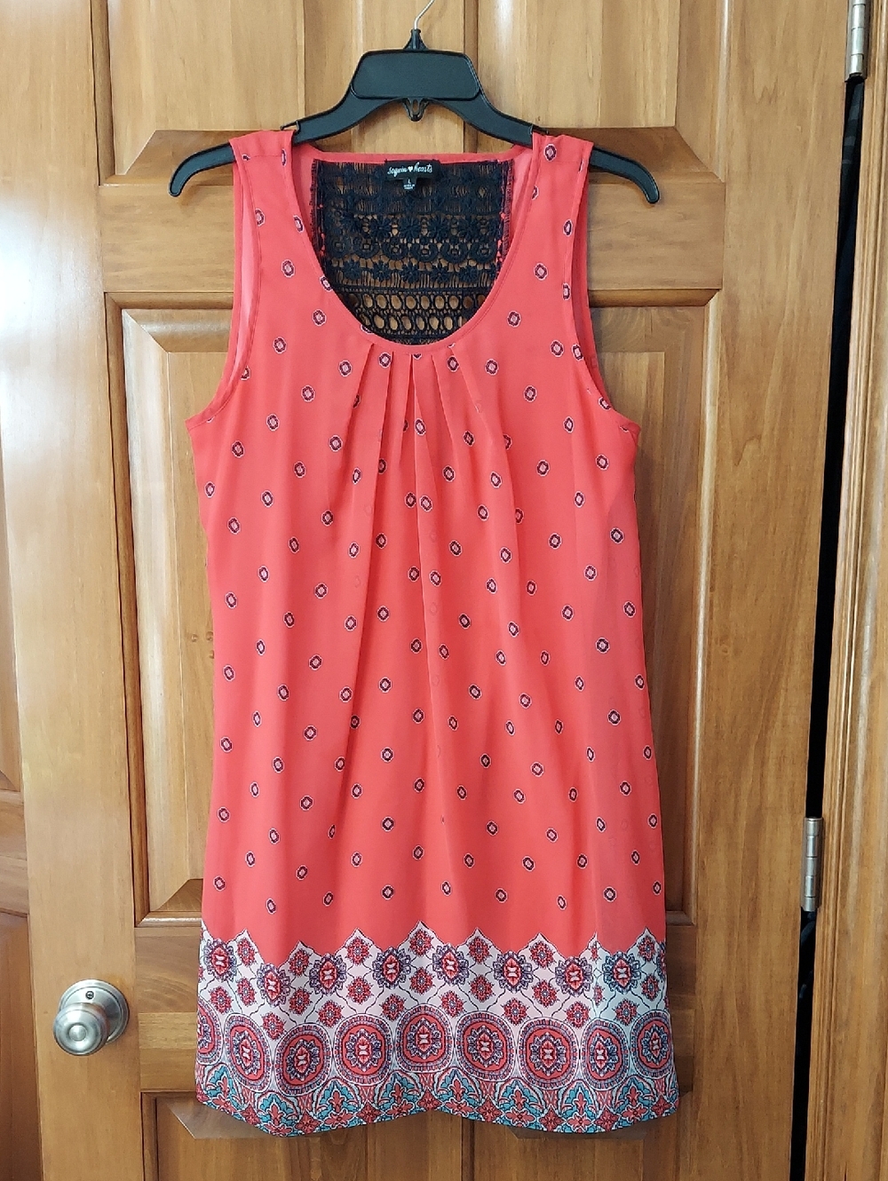 Sequin Hearts Sleeveless Coral Pattern Boho Flowy Midi Dress Size Large Like New